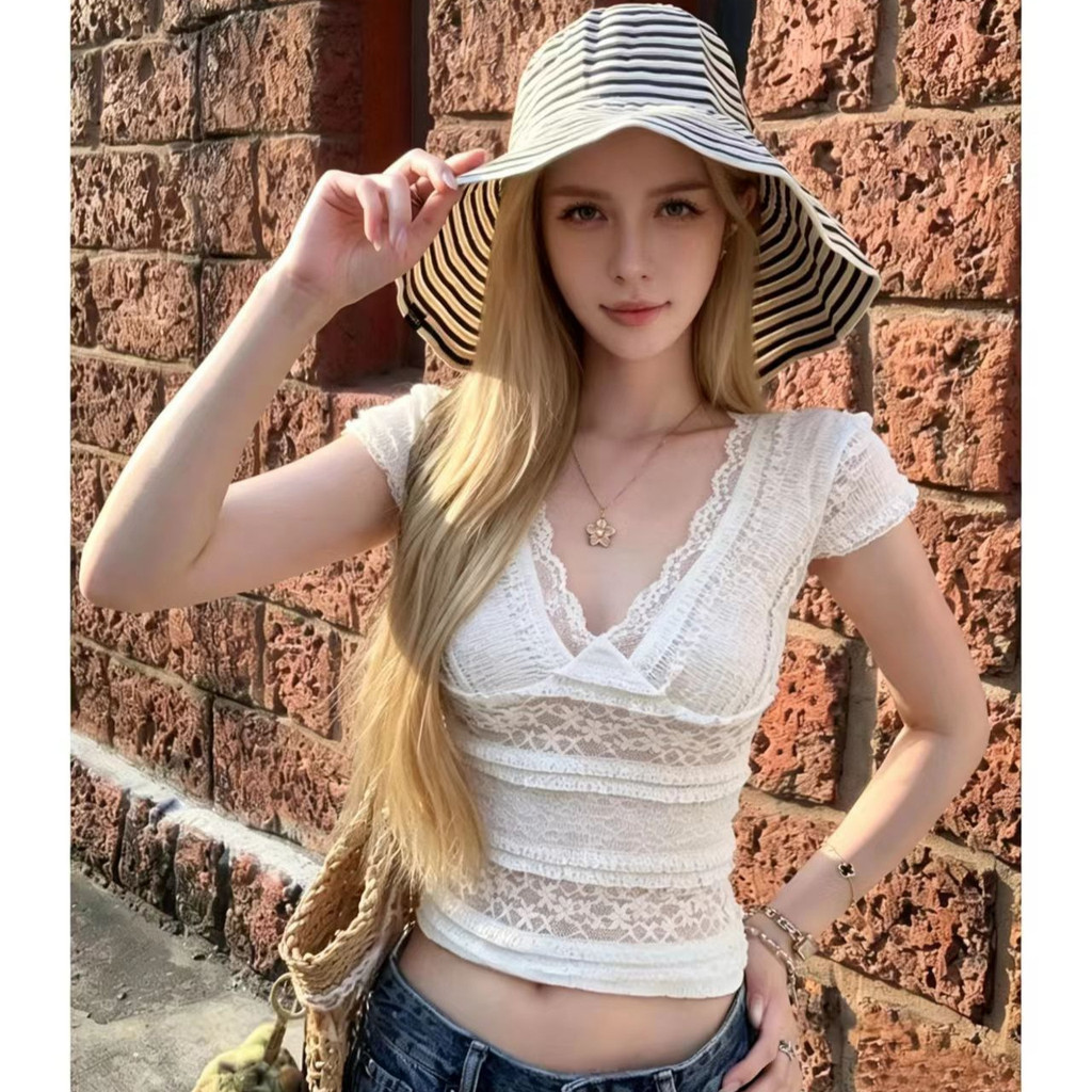 [Roupas femininas da moda] Comércio exterior transfronteiriço Pure Desire Lace Camiseta Roupas femininas Look mais fino