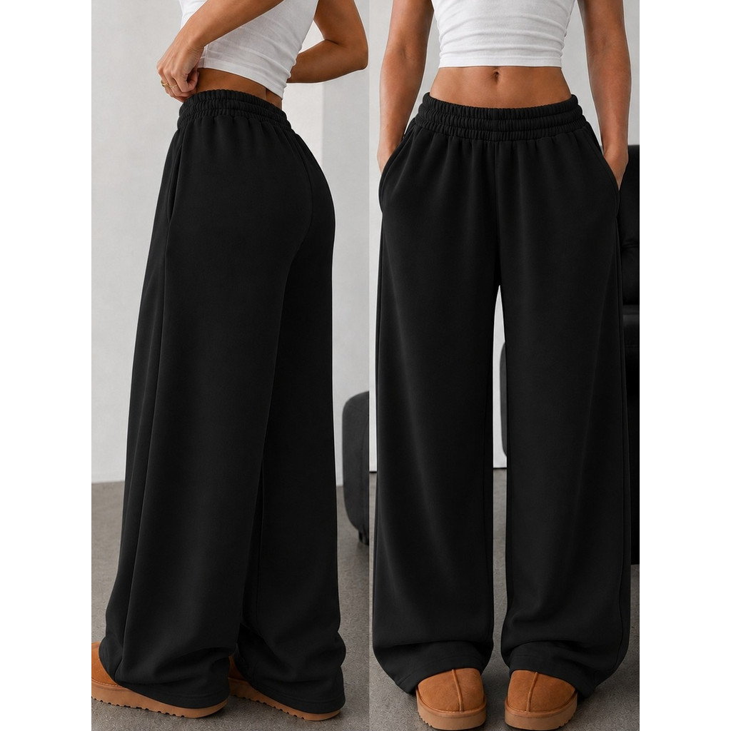 Calça Moletom Feminina Wide Leg Pantalona com Elástico na Cintura Bolsos Laterais