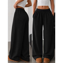 Calça Moletom Feminina Wide Leg Pantalona com Elástico na Cintura Bolsos Laterais