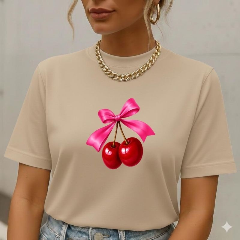 T-Shirt Feminina Cereja Laço Estampa Delicada Moderna Camiseta Casual Algodão Confortável Tendência