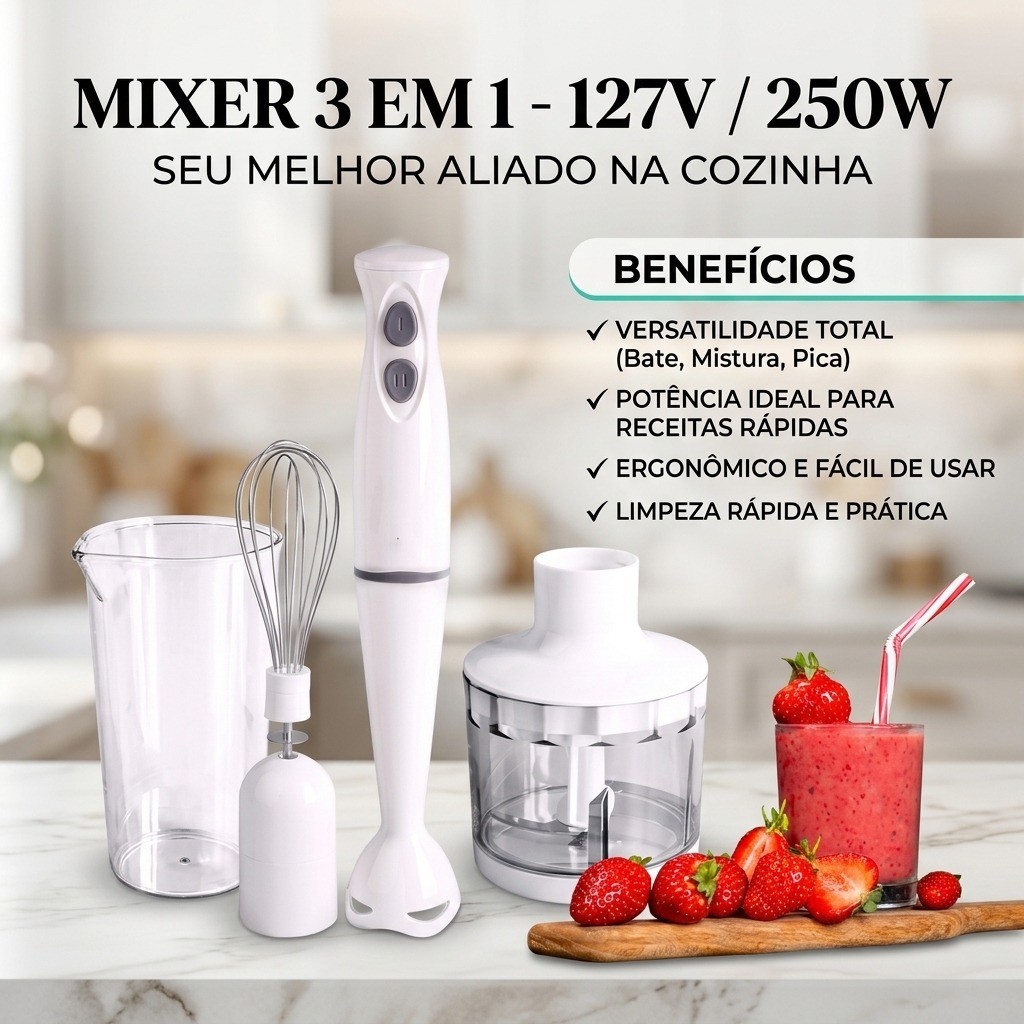 Mixer Batedor Mini Processador 3 Em 1 Elétrico 127V 250W Prático Portátil Para Cozinha Branco