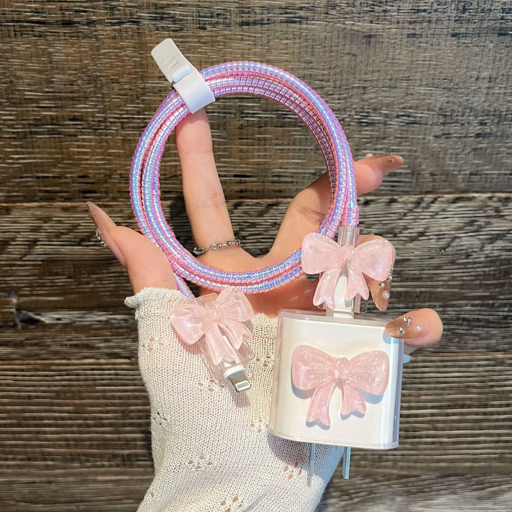 Arco de Glitter rosa adequado para Apple 18w/20w carregador capa protetora dispositivo de mordida de fio cabo de dados c
