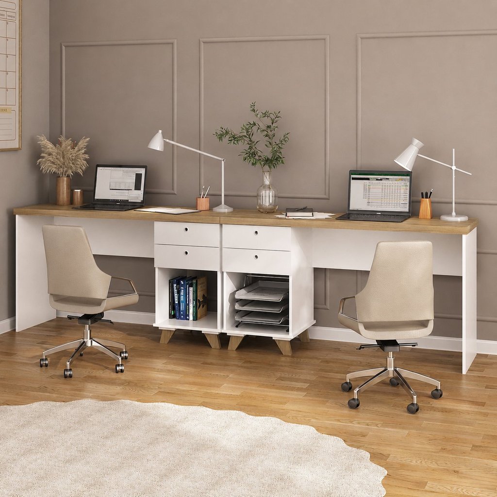 Kit Home Office e Escritório Completo para 2 Pessoas - 2 Peças - Escrivaninha Sky Retrô Branco/Olmo Artany
