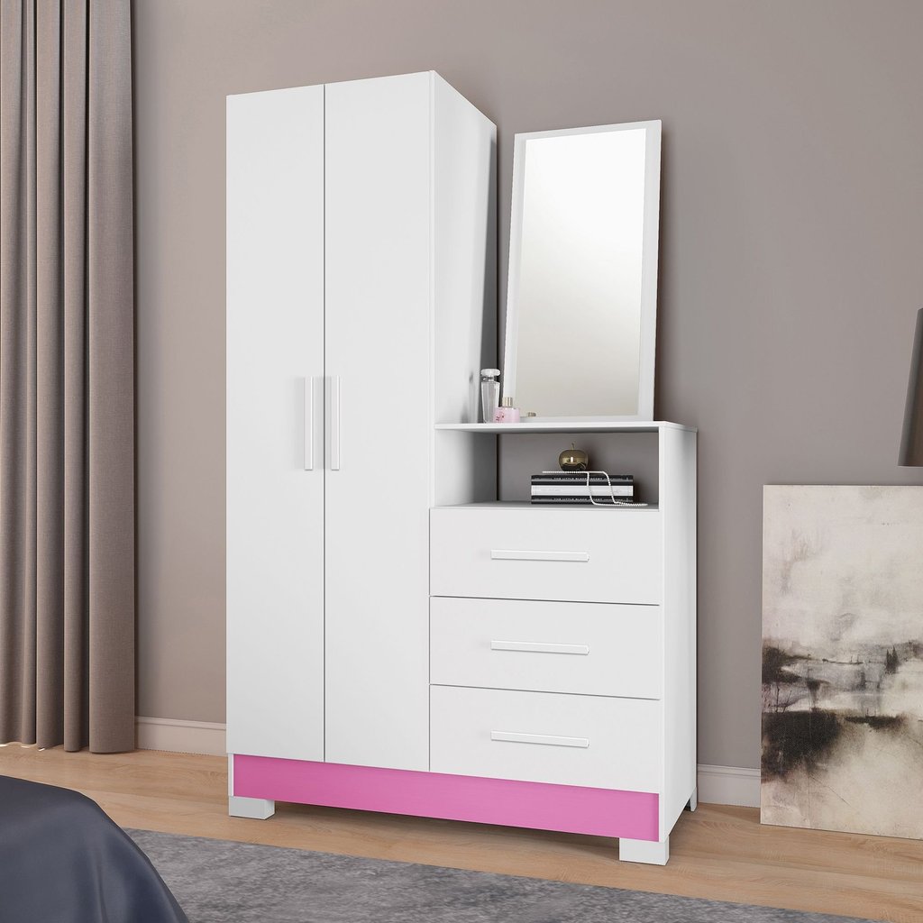 Cômoda para Quarto 3 Gavetas e 2 Portas com Espelho NT5165 Branco/New Branco New