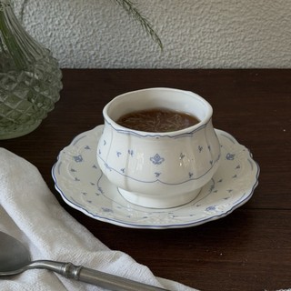 Xícara de mão floral azul estilo francês, xícara e pires para chá da tarde e café, xícara para latte art, xícara floral 