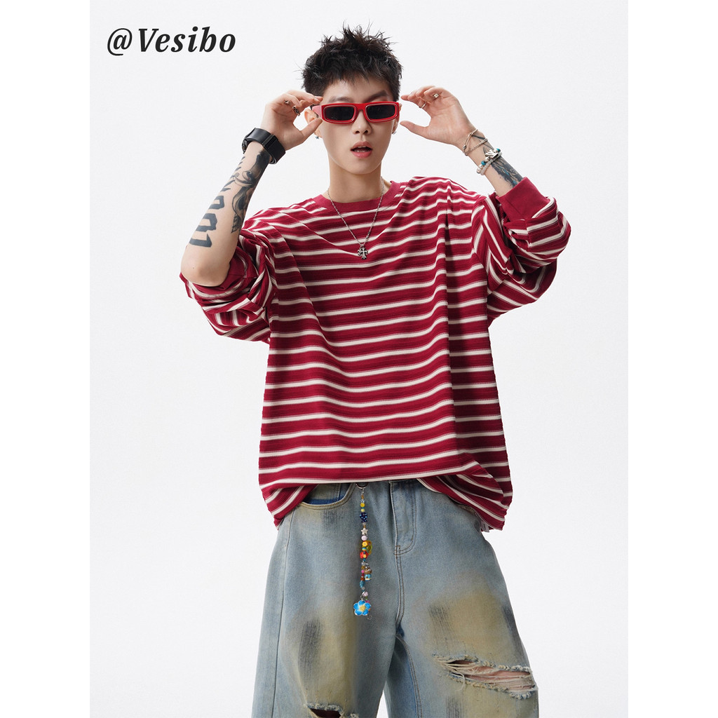 Street Wear listrado Casual manga comprida camiseta masculina outono americano vintage contraste cor casal topo High str