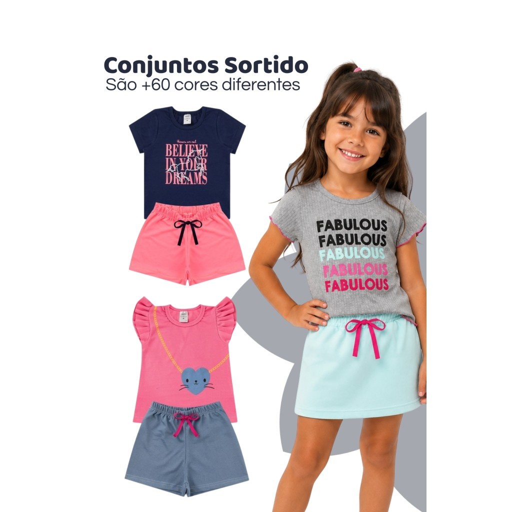 Kit Sortido 4 Peças de Roupas Infantis Menina Conjunto de Verão Feminino Tamanho 1 ao 10 Conjunto Calor