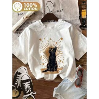 Blusa Feminina Casual de Verão, Estilo Vintage, Estampa de Gato Preto e Explosão Estelar,