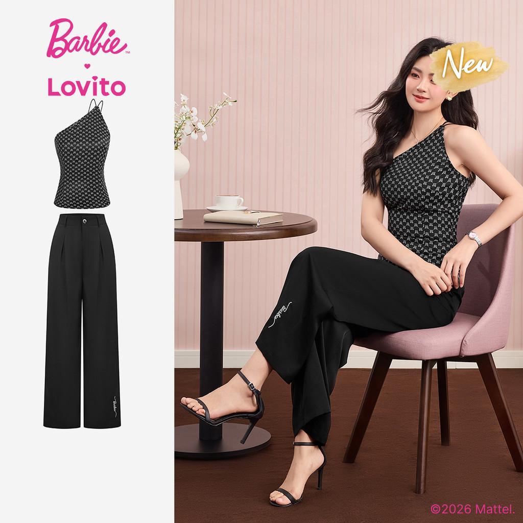 (New Arrival) Barbie™ X Lovito Calças Pretas De Verão Com Bolso Plissado Bordado Parte De Cima Ou De Baixo Casual Para Mulheres PSBL6PAD022