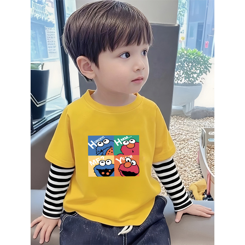 Crianças falso de duas peças listrado costura puro algodão manga comprida camiseta dos desenhos animados impresso em tor