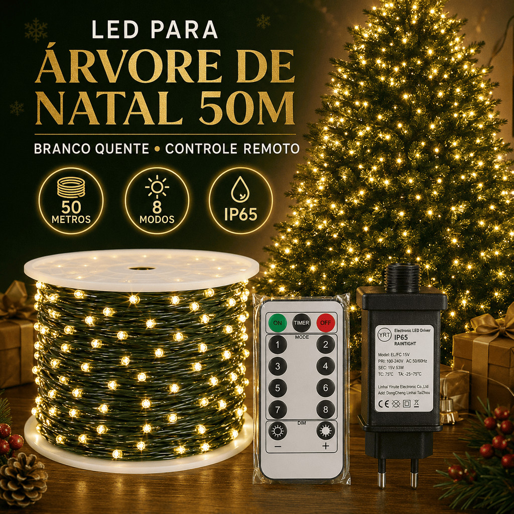 Fio de Fada LED Árvore de Natal 50m Branco Quente Controle Remoto 8 Modos Timer Dimmer Fonte IP65 Pisca Pisca Fio Verde