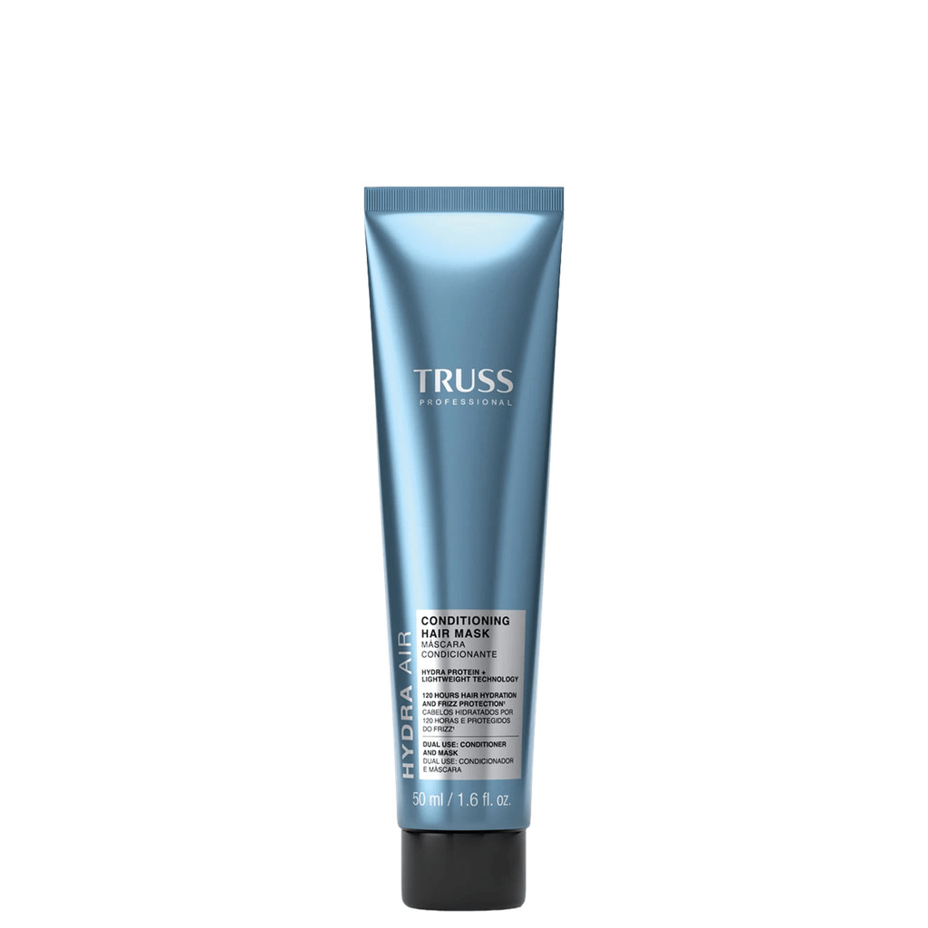 Tubo de máscara condicionante TRUSS Hydra Air de 50ml na cor azul metálico com tampa preta