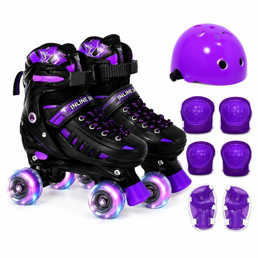 Patins Roller Roxo Infantil 4 Rodas Ajustável com LED e Kit de Proteção Completo Menina