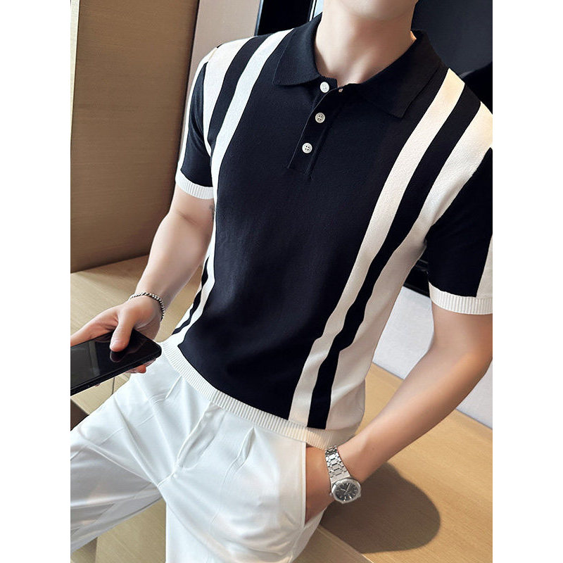 Camisa polo de malha listrada com bloqueio de cores masculina de manga curta verão fino High-End negócios britânicos Cas