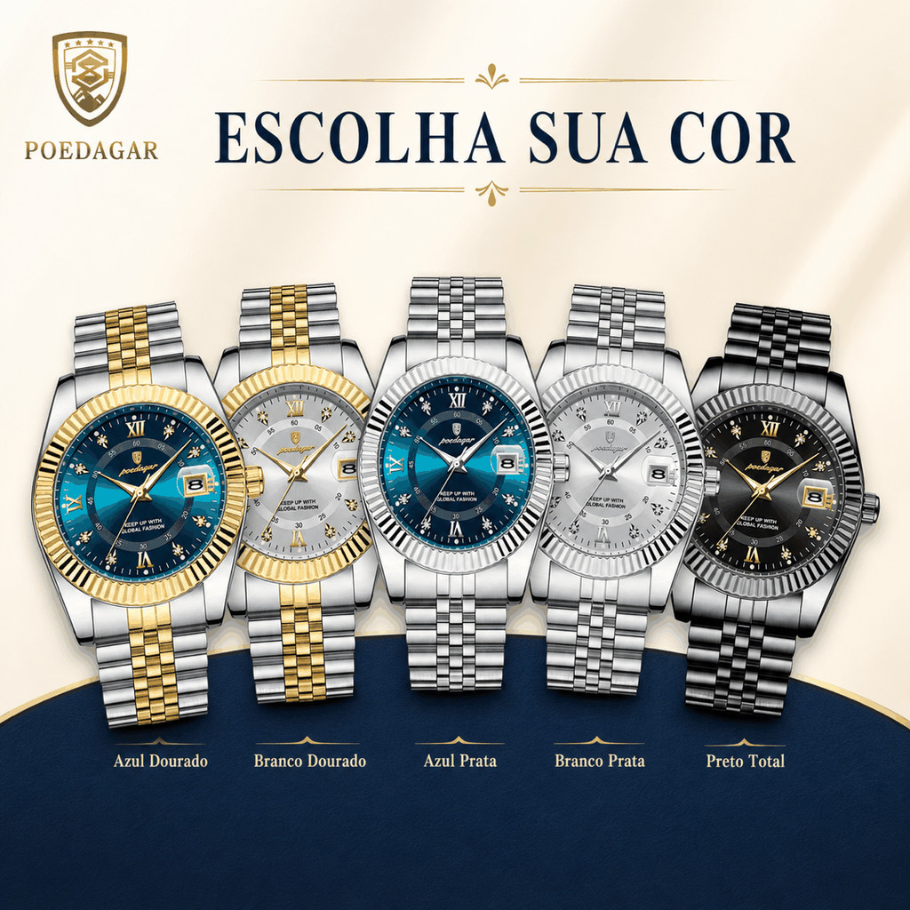 Relógio Masculino de Luxo POEDAGAR – Aço Inoxidável Dourado, Quartzo, Ponteiros Luminosos, À Prova d'Água, com Data