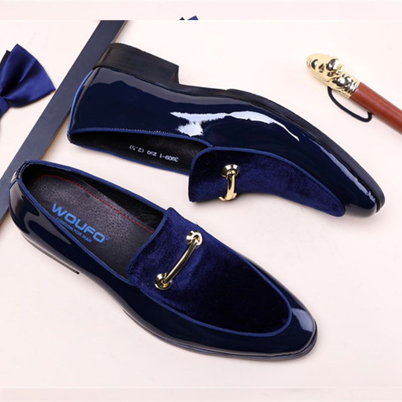 Primavera respirável sapatos de couro masculino britânico na moda azul fosco camurça couro patente deslizamento em sapat
