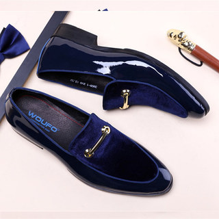Primavera respirável sapatos de couro masculino britânico na moda azul fosco camurça couro patente deslizamento em sapat