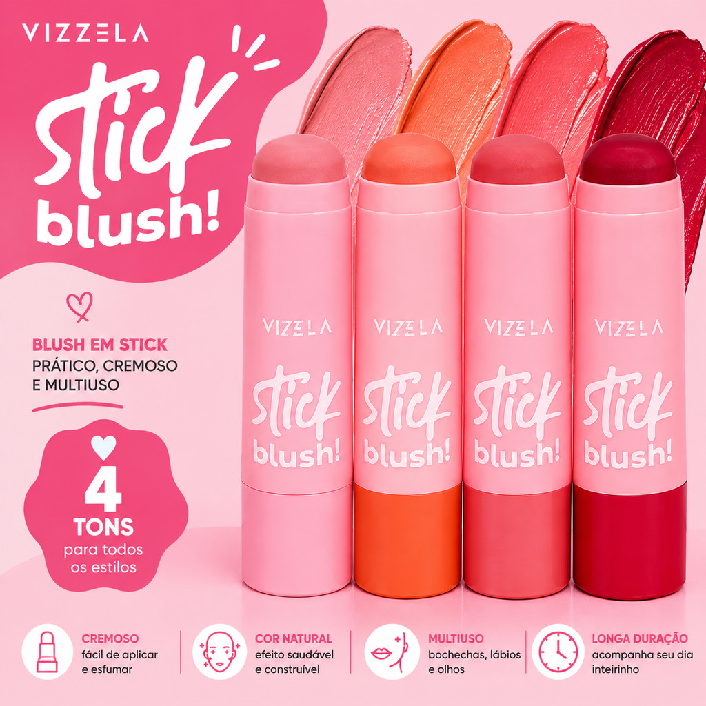 Blush Bastão Stick VIZZELA Blush Cremoso Efeito Tint Vegano Blush em Bastão Blush Stick Blush Vizzela Original Vizela