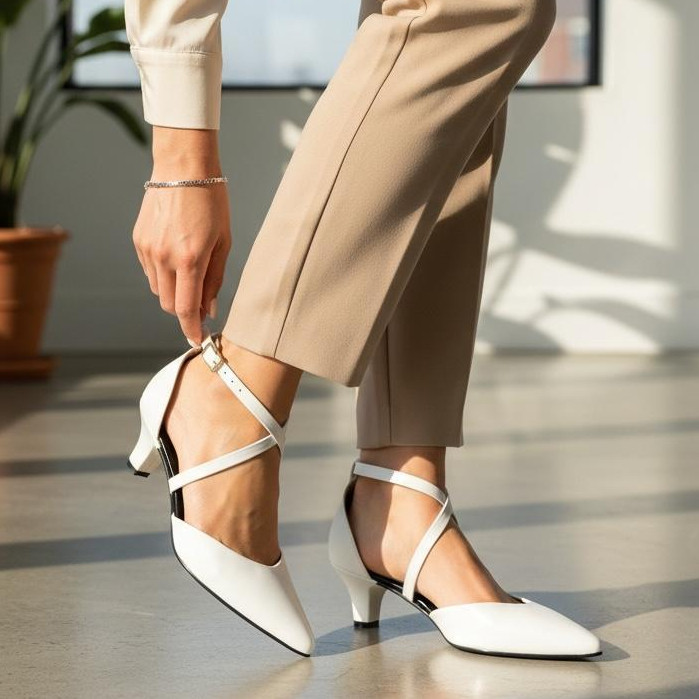 Scarpin Feminino Sapato Social Salto Médio Tiras Cruzadas Fivela Dourada Bico Fino Confortável Trabalho Evangélica Festa