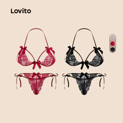 Lovito Casual Conjunto Lingerie 2 Peças Renda Laço Preto Sexy Mulheres Bordado LNE130221