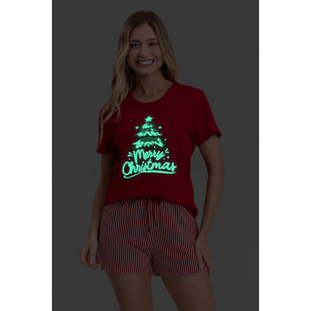 Pijama Adulto Feminino Blusa Manga Curta Short Combinando Família Natal Merry Christmas — imagem 2 de 2
