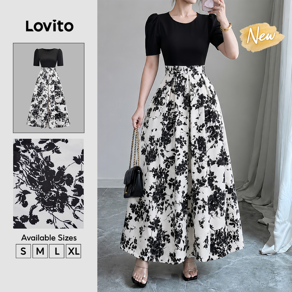 (New Arrival) Lovito Vestido Longo Casual Com Estampa Floral E Colorblock Preto Para Mulher Primavera Verão Férias Trabalho DRK9BR151