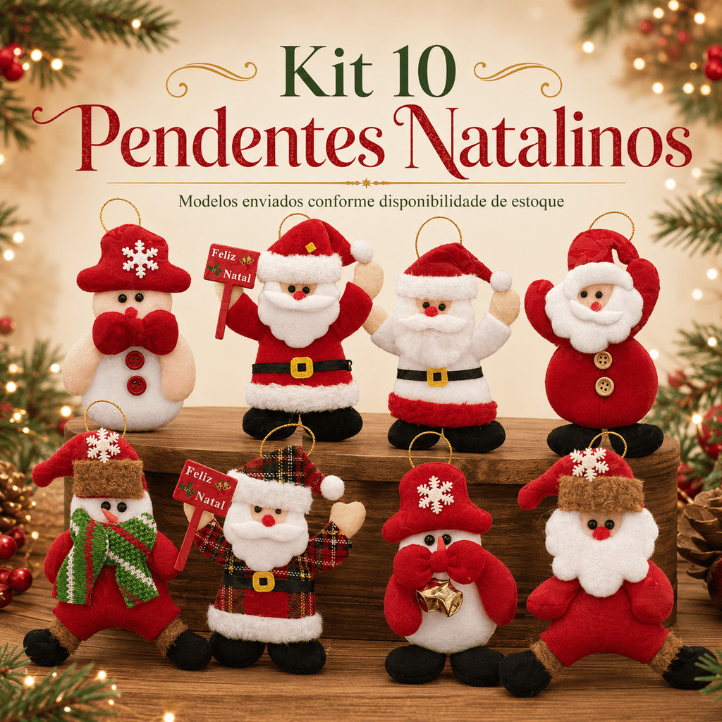 10 Pendentes Sortidos Natalinos 12cm Boneco de Neve e Papai Noel Enfeites para Guirlanda e Árvore de Natal