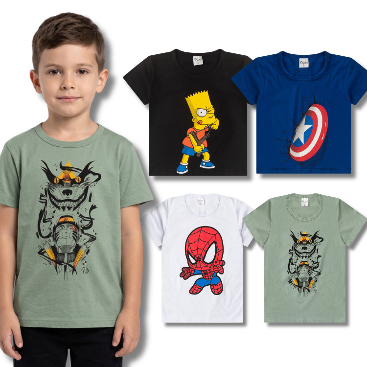 Kit Sortido 4 Camisetas Manga Curta Estampadas Masculino/Menino Infantil Juvenil Verão do 3 ao 16