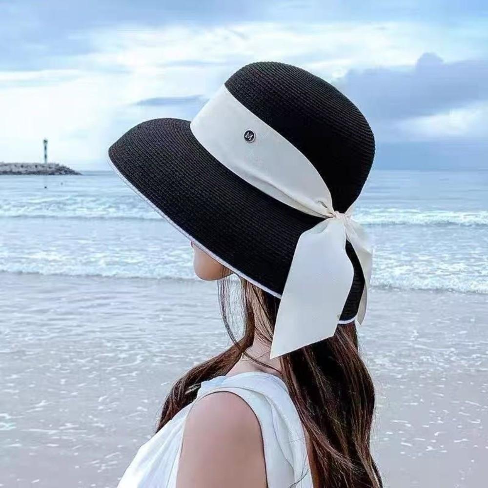 Chapéu De Aba Larga SUBEI , Sol De Palha De Proteção Solar Com Alça De Seda Balde De Praia UV De Beirais Grandes