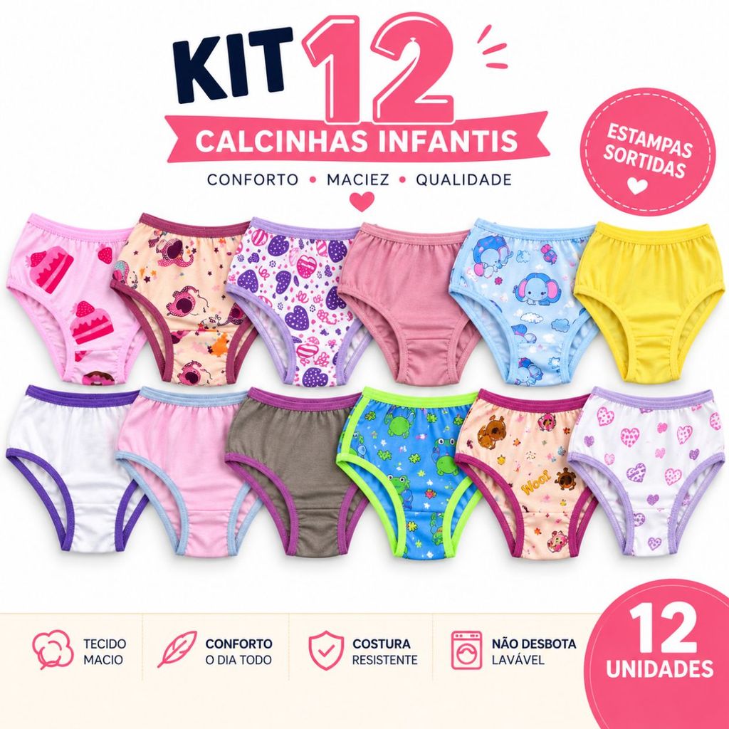 Kit Calcinhas Infantil Menina Moça Confortáveis Algodão Dia a Dia Promoção Qualidade Estampadas e Lisas