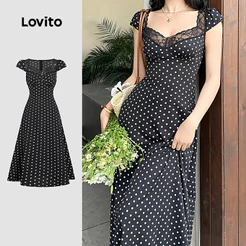 Lovito Vestido Preto Casual de Renda para Mulheres primavera/verão Bordado L200AD227