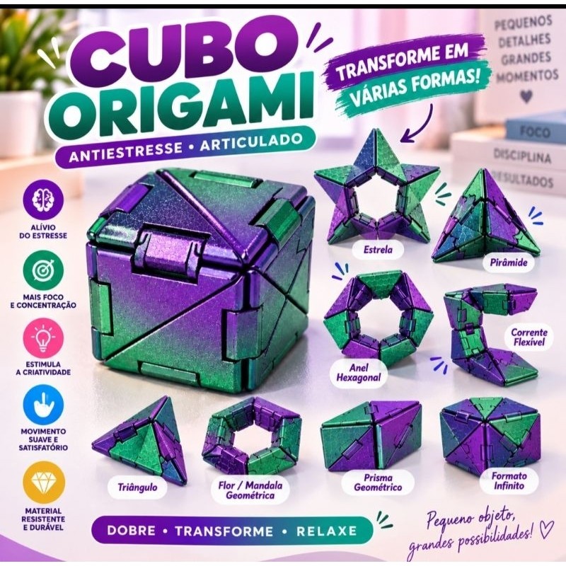 Cubo Origami Antiestresse Fidget Toy Sensorial Articulado Transformável em Várias Formas Brinquedo Desafio Criativo