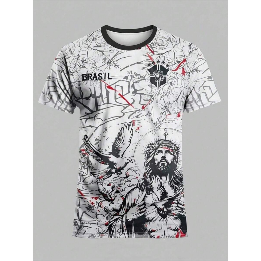 Camisetas masculinas e jovens de futebol estilo brasileiro, camisetas esportivas confortáveis, estampadas com padrões de