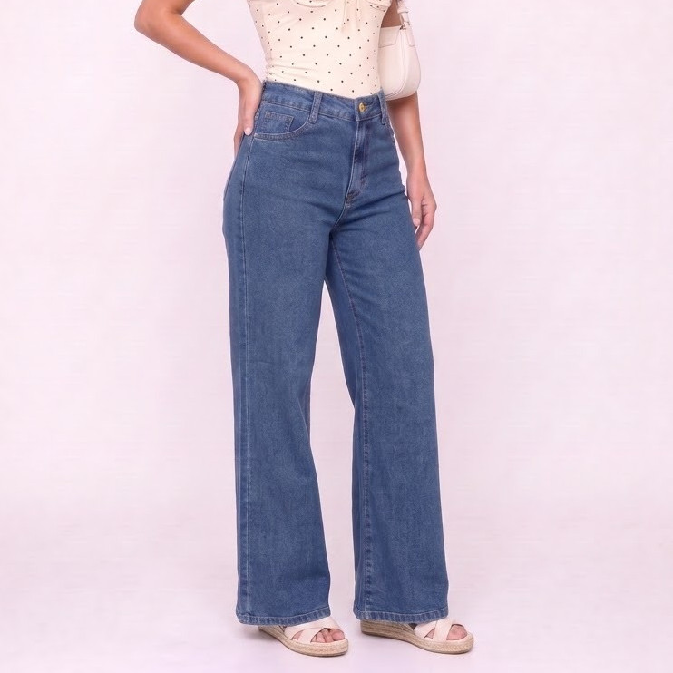 Calça Jeans Wide Leg Azul Premium Cós Alto e Bolsos Funcionais