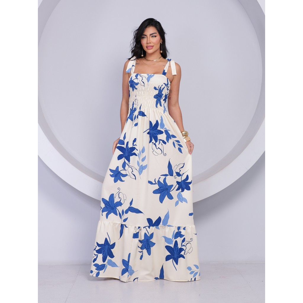 Vestido Longo Feminino Floral em Crepenho com Lastex e Alças de Amarrar