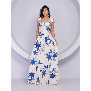 Vestido Longo Feminino Floral em Crepenho com Lastex e Alças de Amarrar