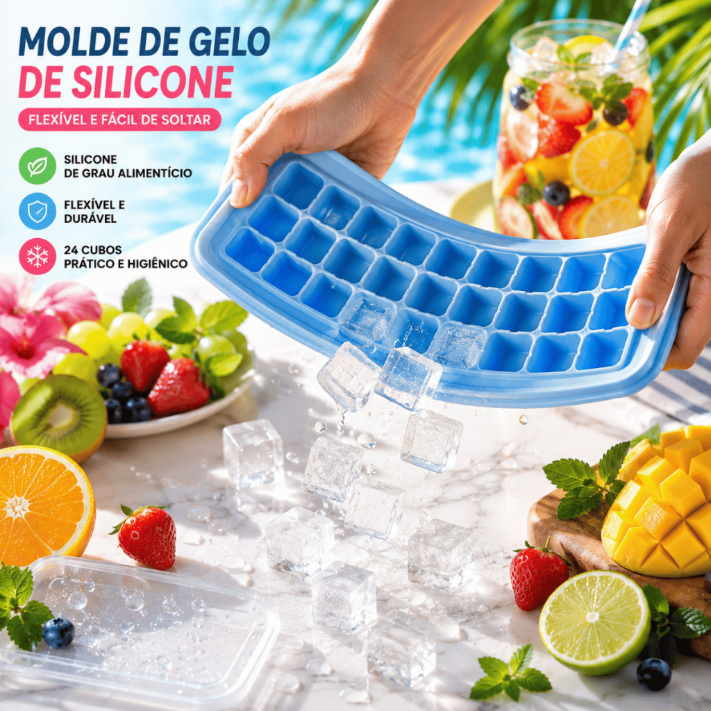 Formas de Gelo Silicone com Tampa Flexível Fácil de Desenformar Tampa Hermética Reutilizável 1/2/3 Unidades
