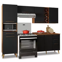 Armário De Cozinha Completa Com Adega 7 Portas 4 Gavetas Favorita Preto/Nature