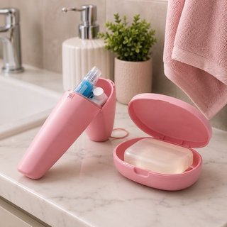 Kit Porta Escova Dental Saboneteira Plástico Rosa Martiplast
