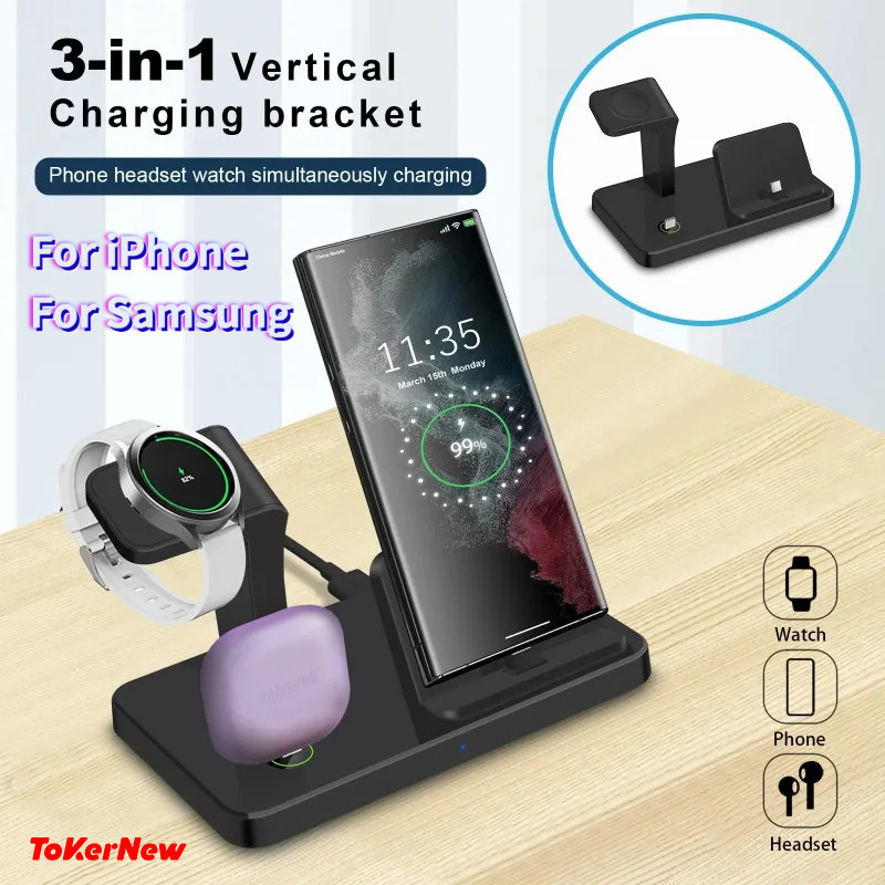 para Samsung iPhone, carregador sem fio rápido 3 em 1 tipo C, estação de carregamento de grande sucesso, Galaxy Watch, f