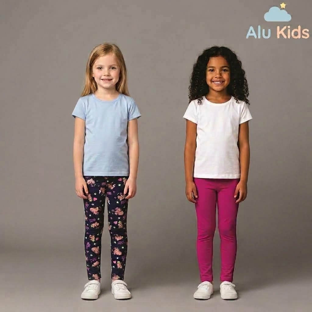 Kit 2 Calças Legging Estampada e Lisa Algodão Escolar Infantil e Juvenil Feminina Menina