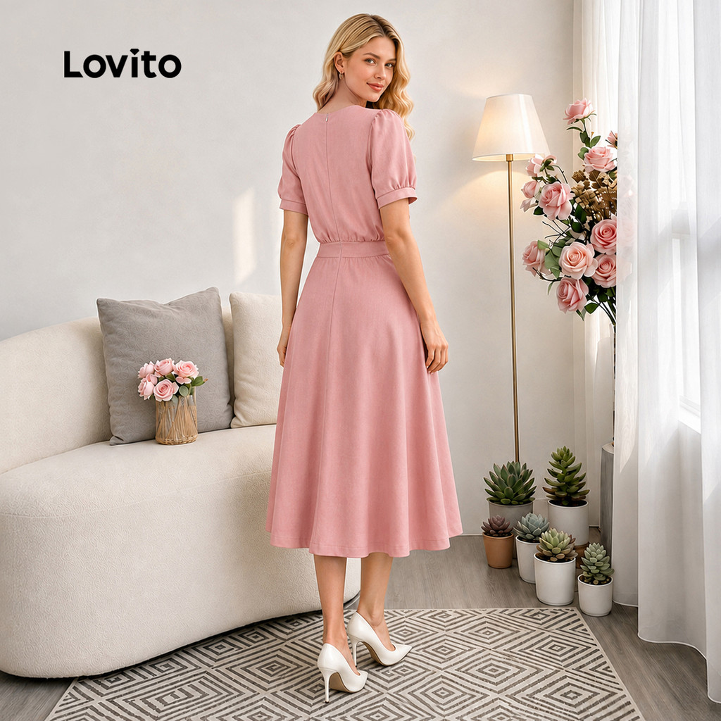(New Arrival) Lovito Casual Vestido Longo Flare Rosa Babado Botão Assimétrico Férias Primavera Verão Para Mulheres DRB39BR038 · foto 2