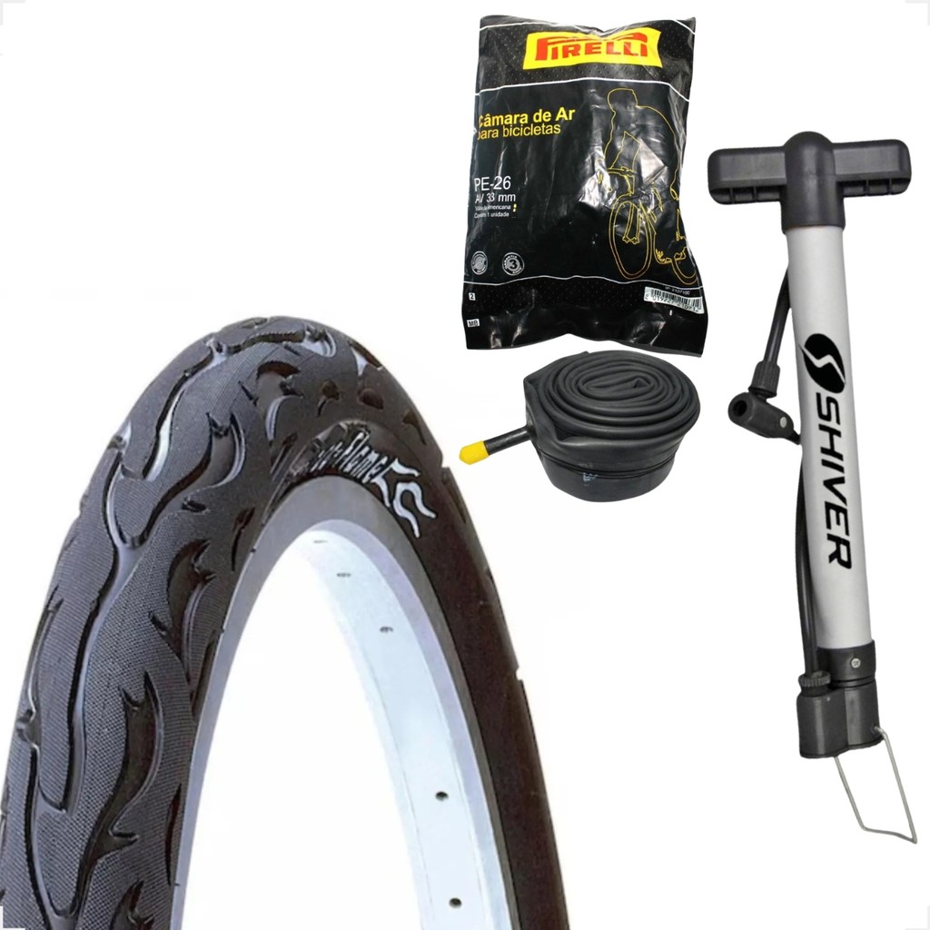 Pneu Bicicleta Kenda Flame Balão Aro 26 x 2.125 Liso Fogo + Camara Pirelli + Brinde Bombinha de ar