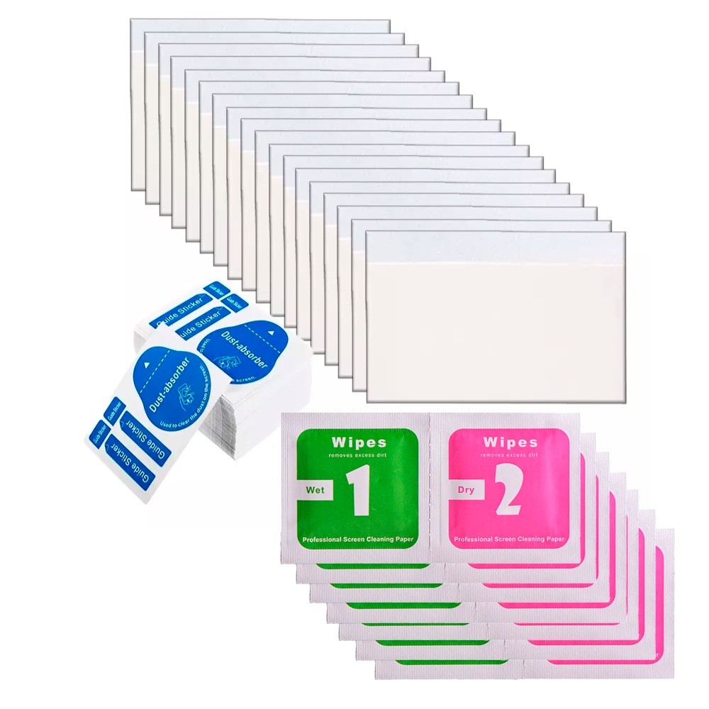 Kit 100 Espátulas + 100 Guias Adesivos + 100 Lenços de Limpeza para Película