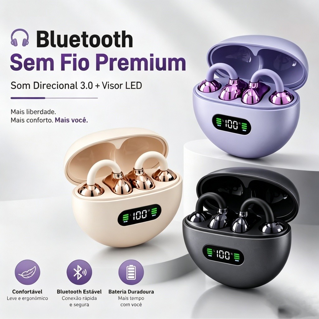 Fones de Ouvido Clip‑On Bluetooth Q71 Sem Fio, Display de Bateria, Esportivo Não Entra no Ouvido