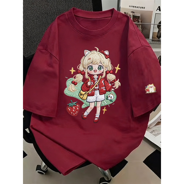 100% algodão dos desenhos animados imitação bordado menina impresso manga curta camiseta feminina em torno do pescoço so