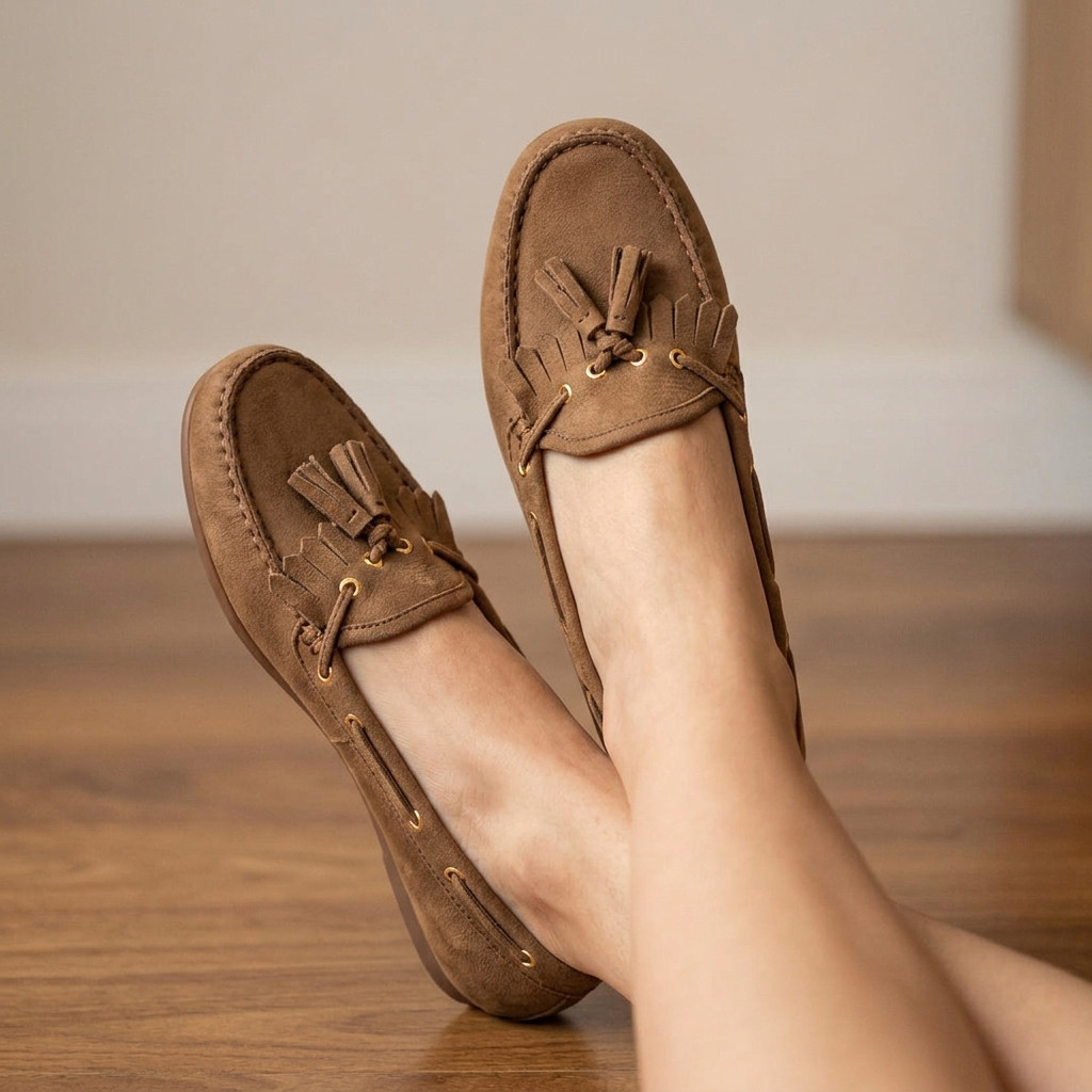 Mocassim Feminino Sapatilha Couro Legítimo Barbicacho Elegante Confortável Marrom