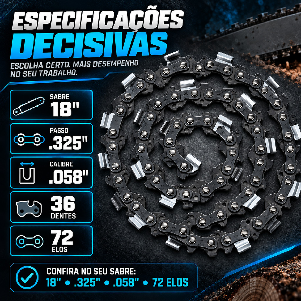Corrente Motosserra Sabre 18" .325 .058 36D 72 Elos Compatível Toyama Vulcan — imagem 2 de 2