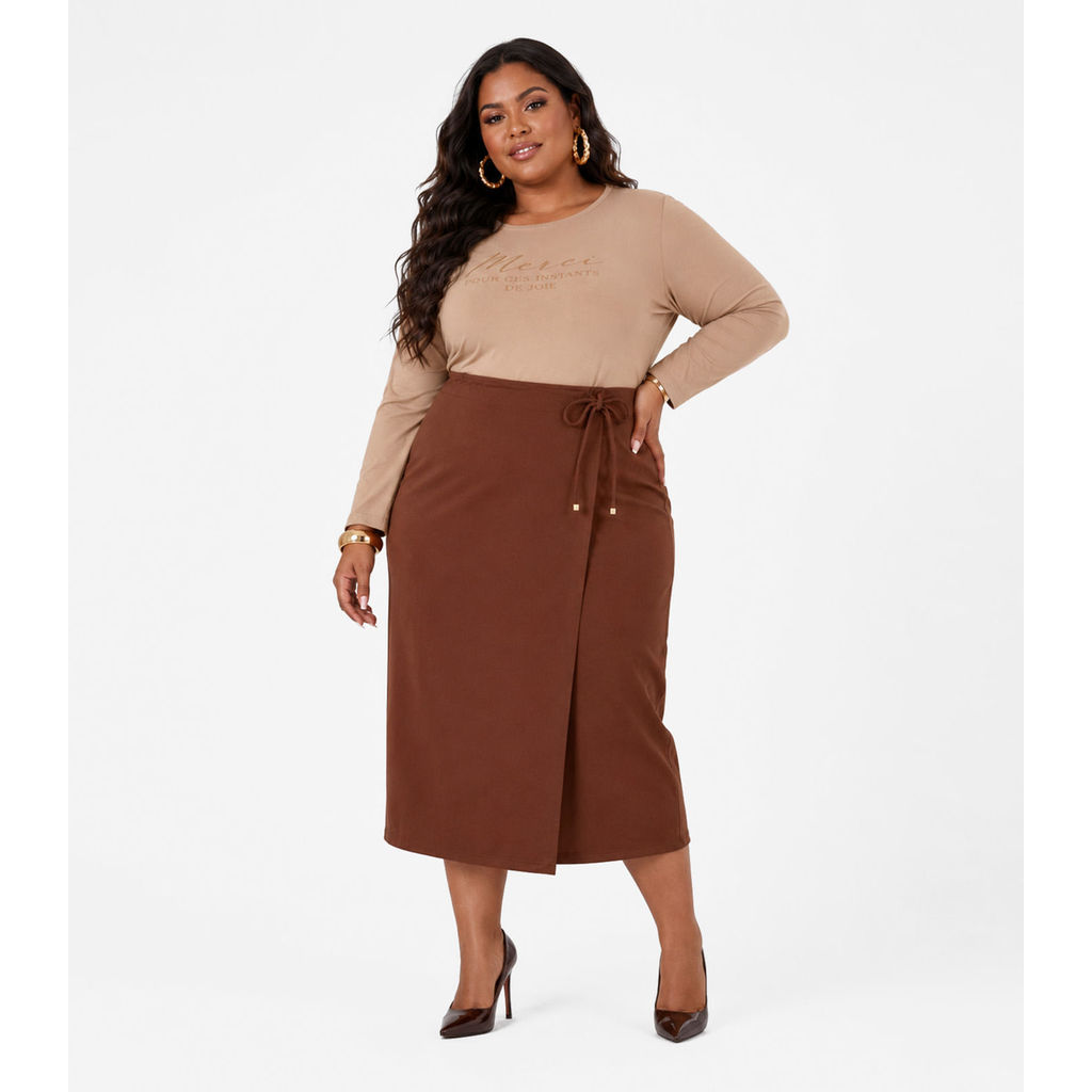 Saia Midi Transpassada Plus Size Secret Glam Marrom