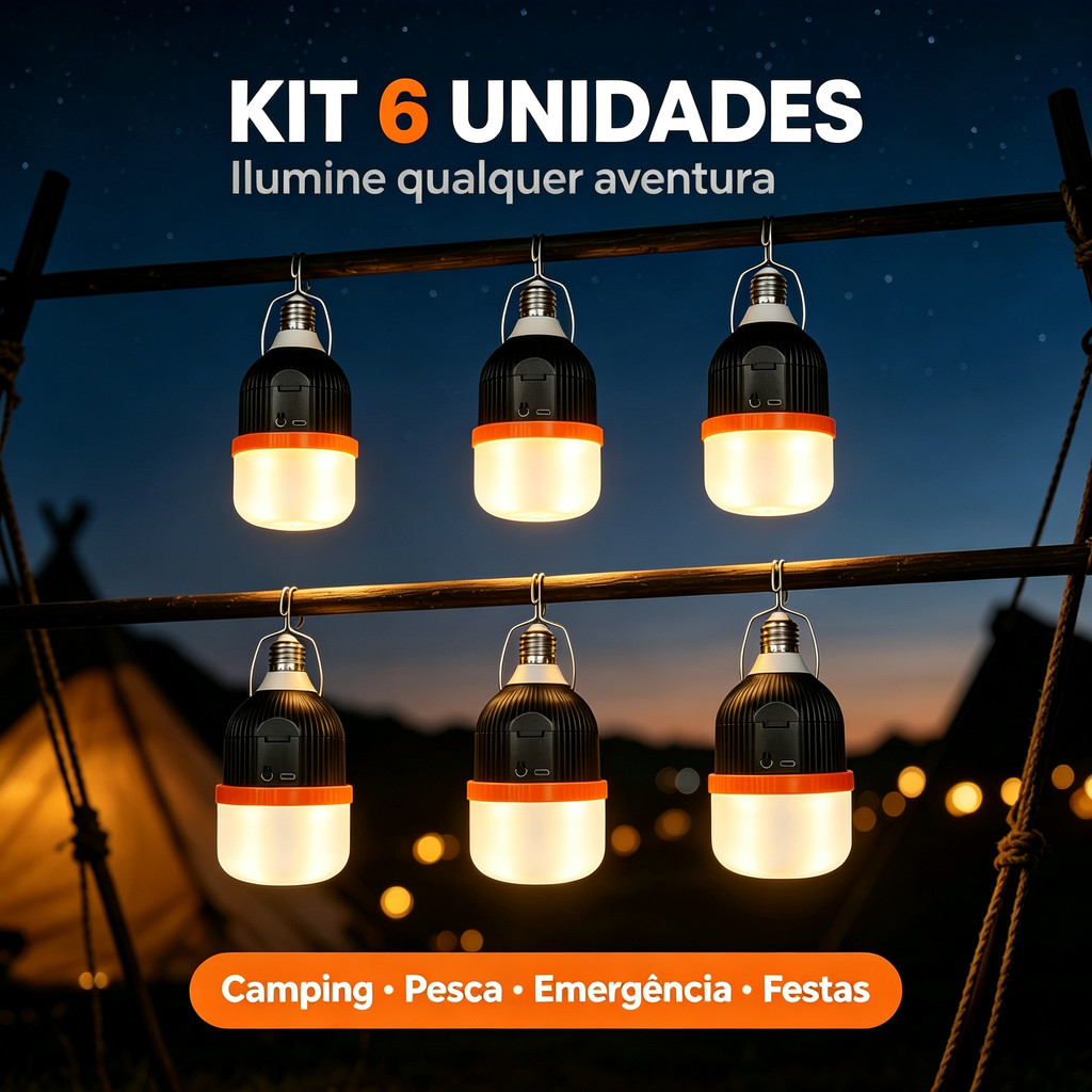 Kit 6 Lâmpadas LED de Emergência 50W E27 Recarregáveis 6h, Bivolt para Falta de Energia e Camping